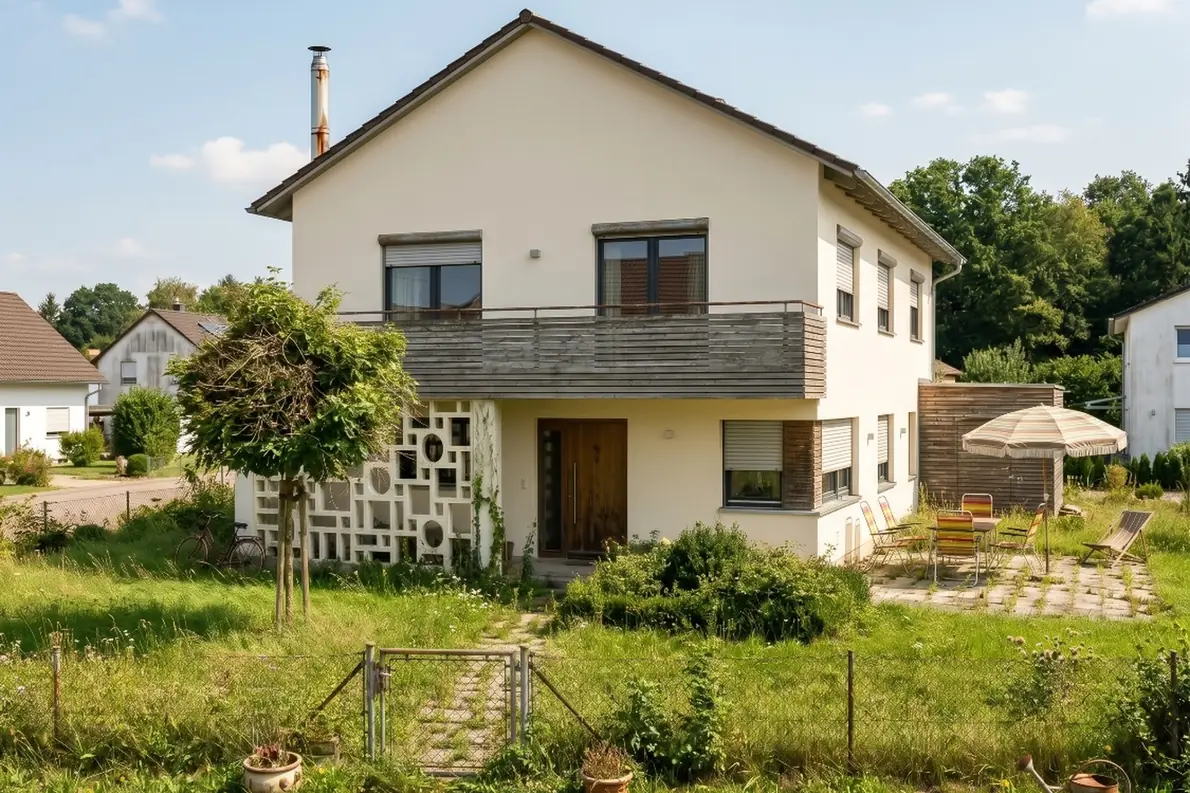 Einfamilienhaus mit Balkon hinter einem zugewachsenen Garten